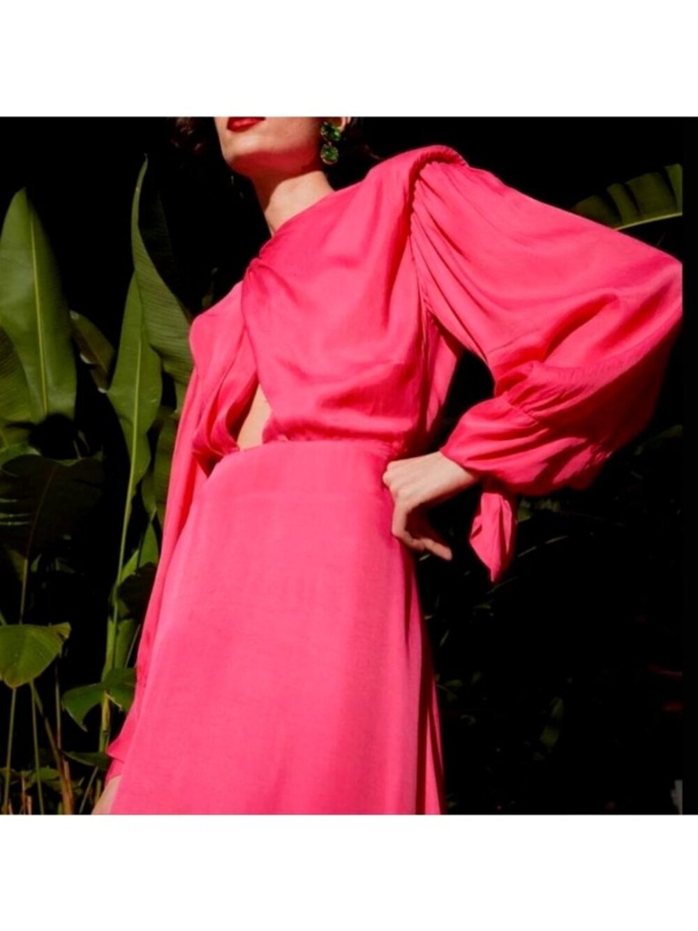 Anthropologie Farm Rio Pink Cut Out Shoulder Pad Satin Maxi Dress L NEW - Picture 12 of 15